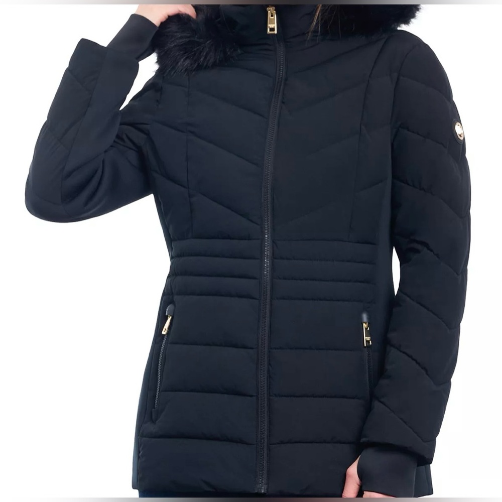 Michael Kors Women's Black Quilted Jacket with Fur Hood